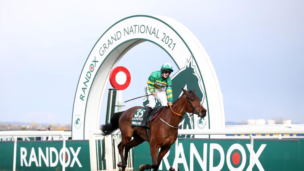 Horse and rider passing the finishing post at the 2021 Grand National